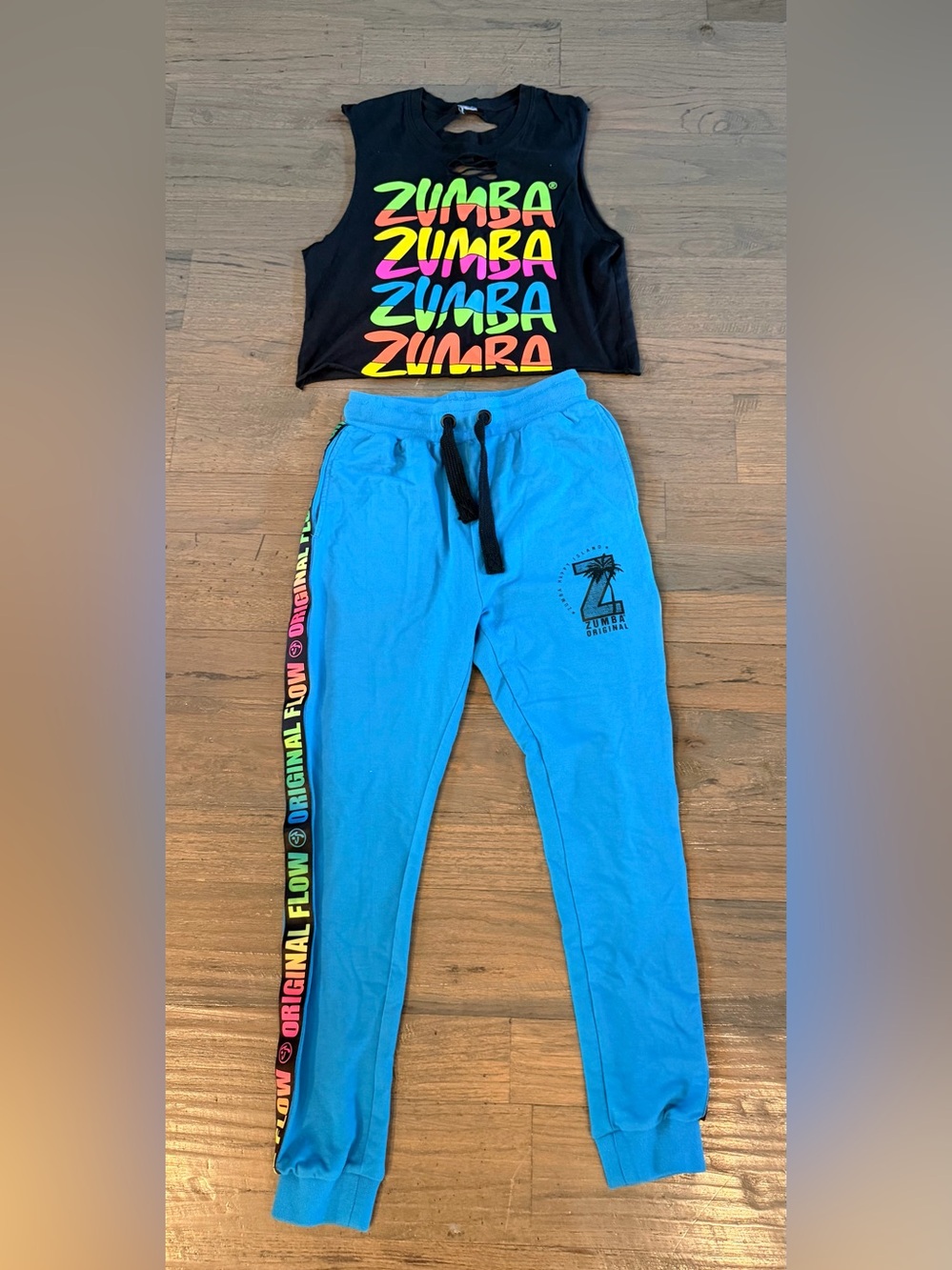 Zumba Fitness Neon Logo Black Crop Tank with Bright Blue Joggers